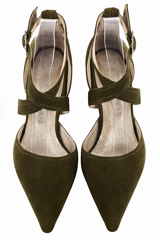 Khaki green women's open side shoes, with crossed straps. Pointed toe. Low block heels. Top view - Florence KOOIJMAN